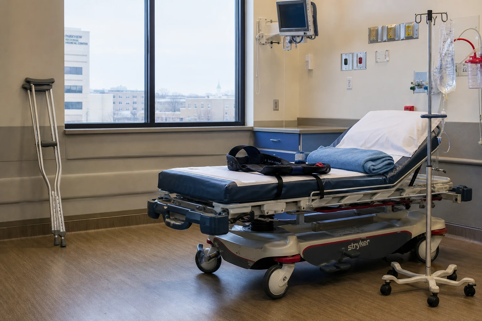 Empty Fort Wayne ER bay with a wheeled stretcher, a knee-immobilizer brace on the bed, crutches against the wall, and an IV pole — the orthopedic injuries that drive Indiana slip-trip-and-fall claims