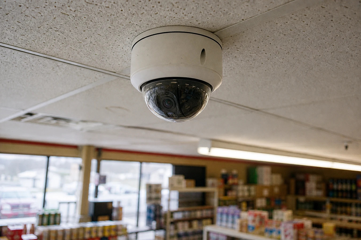 Ceiling-mounted dome security camera in a retail interior angled down toward an aisle — the surveillance footage a Fort Wayne slip-trip-fall attorney subpoenas before the store wipes it