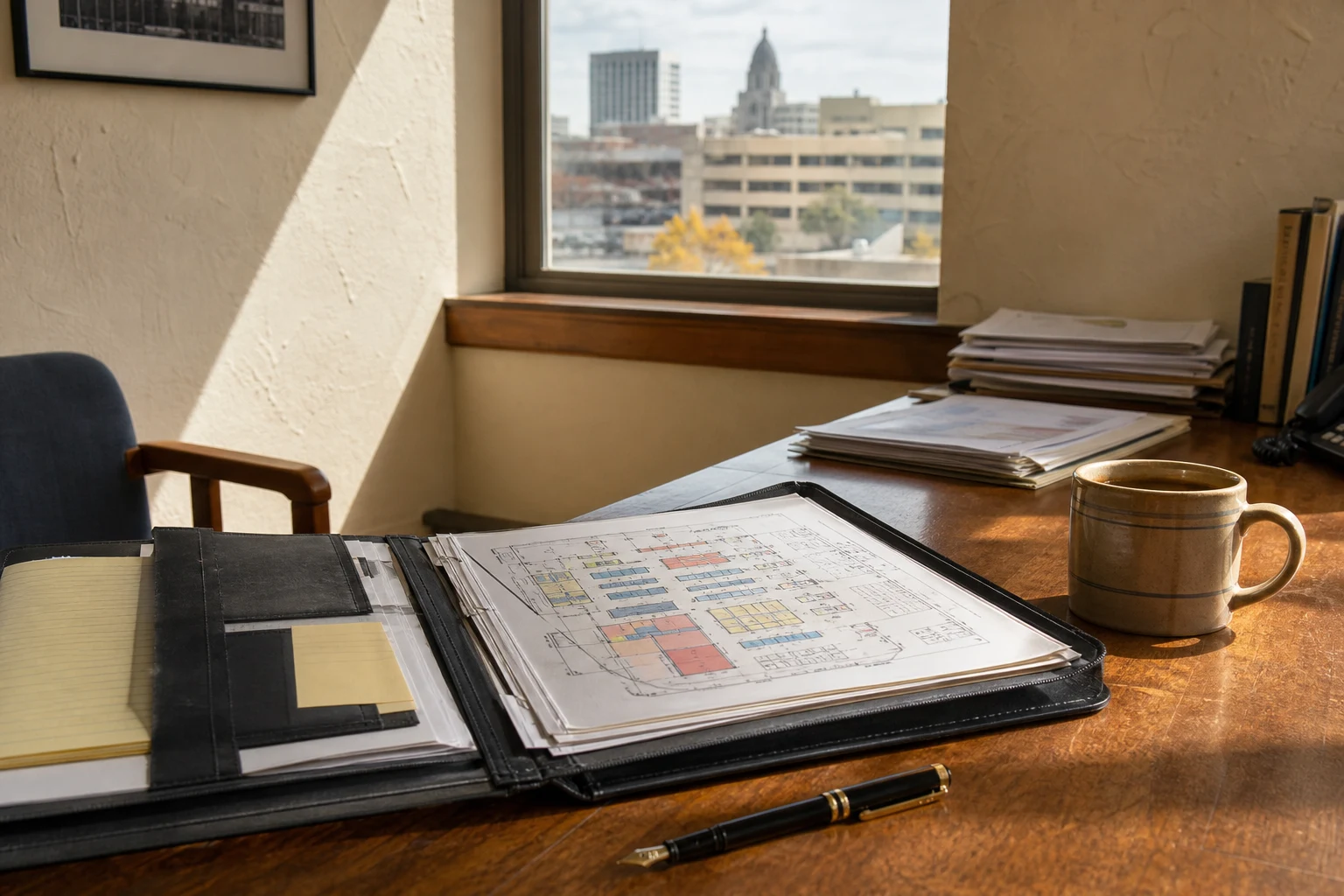 At a Fort Wayne slip-trip-and-fall attorney's wooden desk — an open premises-liability portfolio with a printed store-layout diagram, a coffee mug, a fountain pen, late-afternoon window light