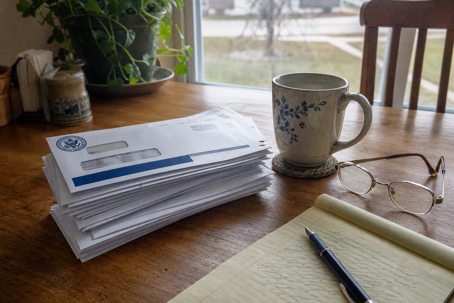 Stack of Social Security Administration envelopes on a Fort Wayne kitchen table next to a coffee mug, reading glasses, a yellow legal pad with handwritten notes, and a pen — the SSA correspondence a Fort Wayne Social Security Disability attorney reads line by line