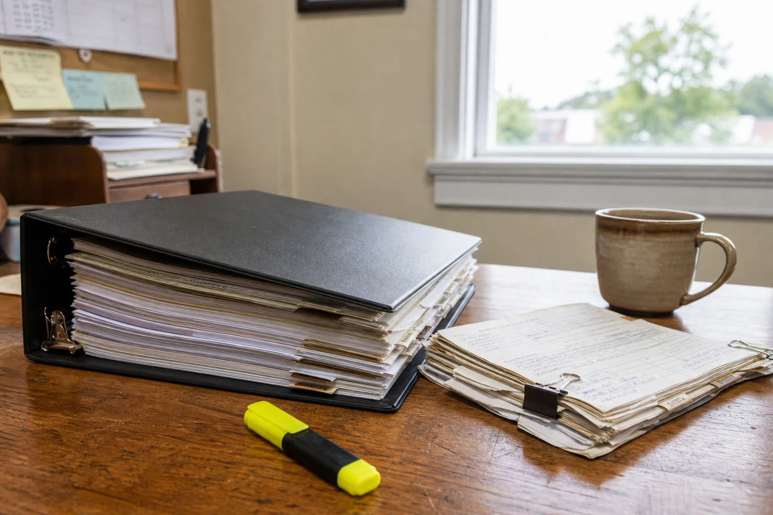 Thick three-ring binder bulging with medical records on a wooden desk with a yellow highlighter, a clipped sheaf of paper tabs, and a coffee mug — the medical evidence a Fort Wayne SSDI attorney builds every disability case on