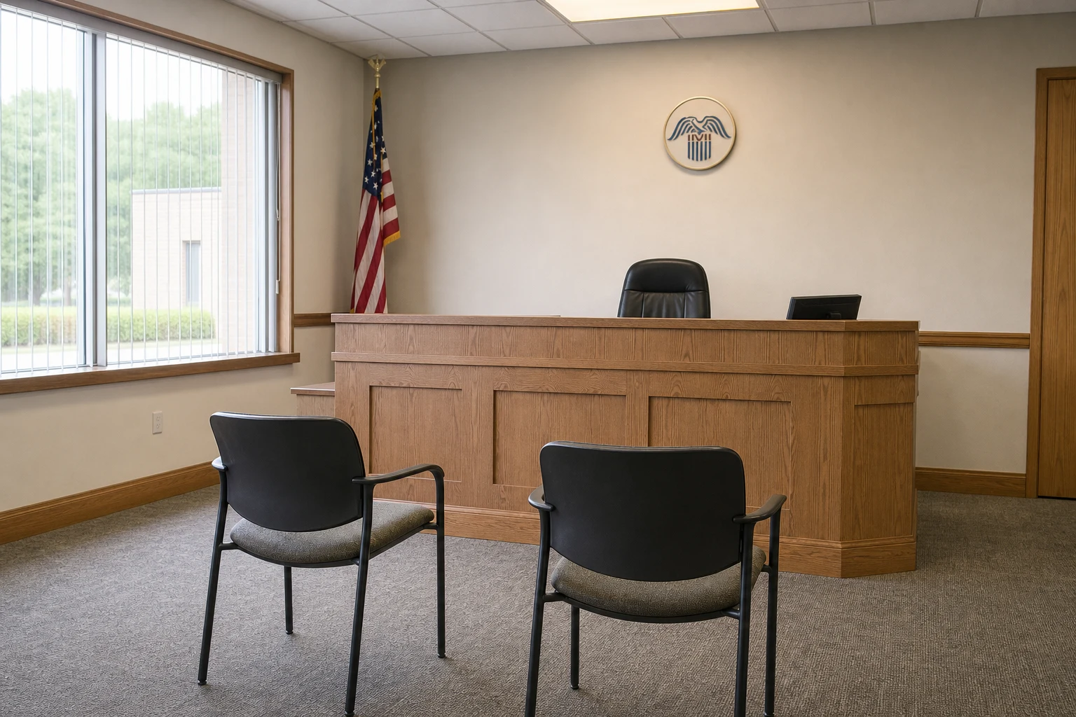 Empty Social Security hearing room with a wooden ALJ bench, two simple chairs facing it, an American flag, and an SSA seal on the wall — where a Fort Wayne Social Security Disability attorney represents claimants on appeal