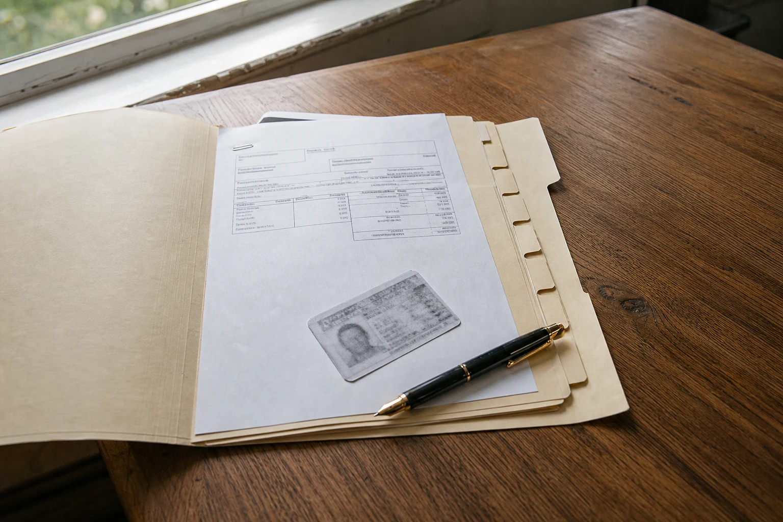 Manila work-history folder on a wooden desk with labeled tab dividers, an employer pay stub stapled to a sheet, a photocopied driver-license card, and a fountain pen — the past-relevant-work evidence an Indiana SSDI lawyer compiles