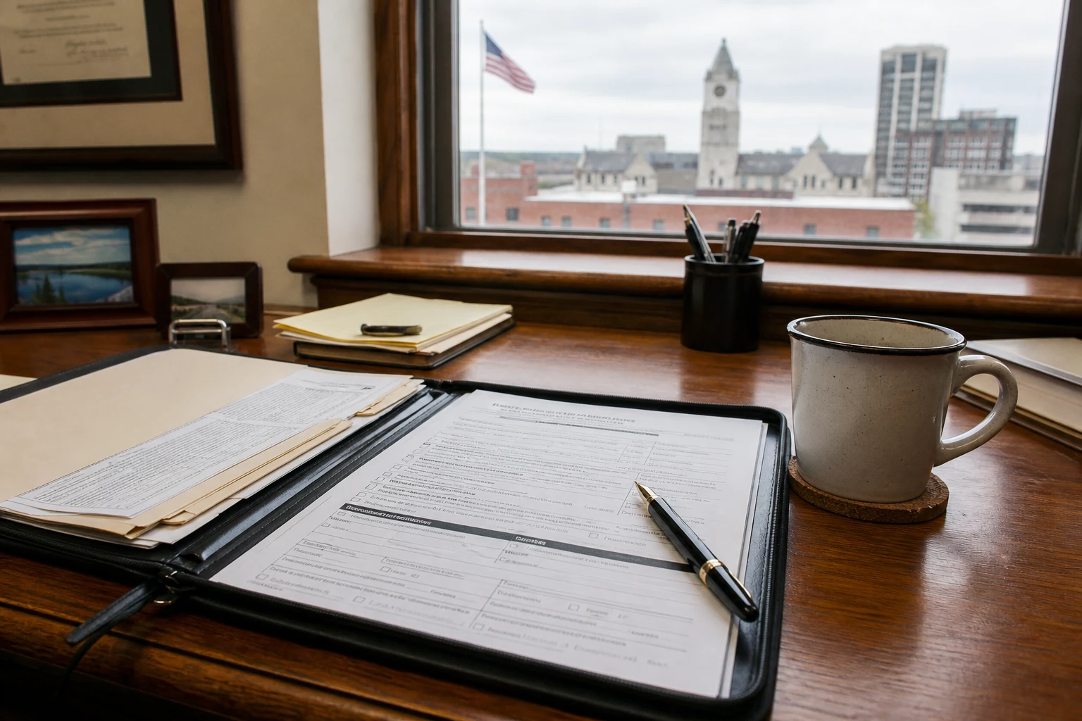 At a Fort Wayne Social Security Disability attorney's wooden desk — an open SSDI case-file portfolio with a printed Social Security claim form, a coffee mug, a fountain pen, late-afternoon window light