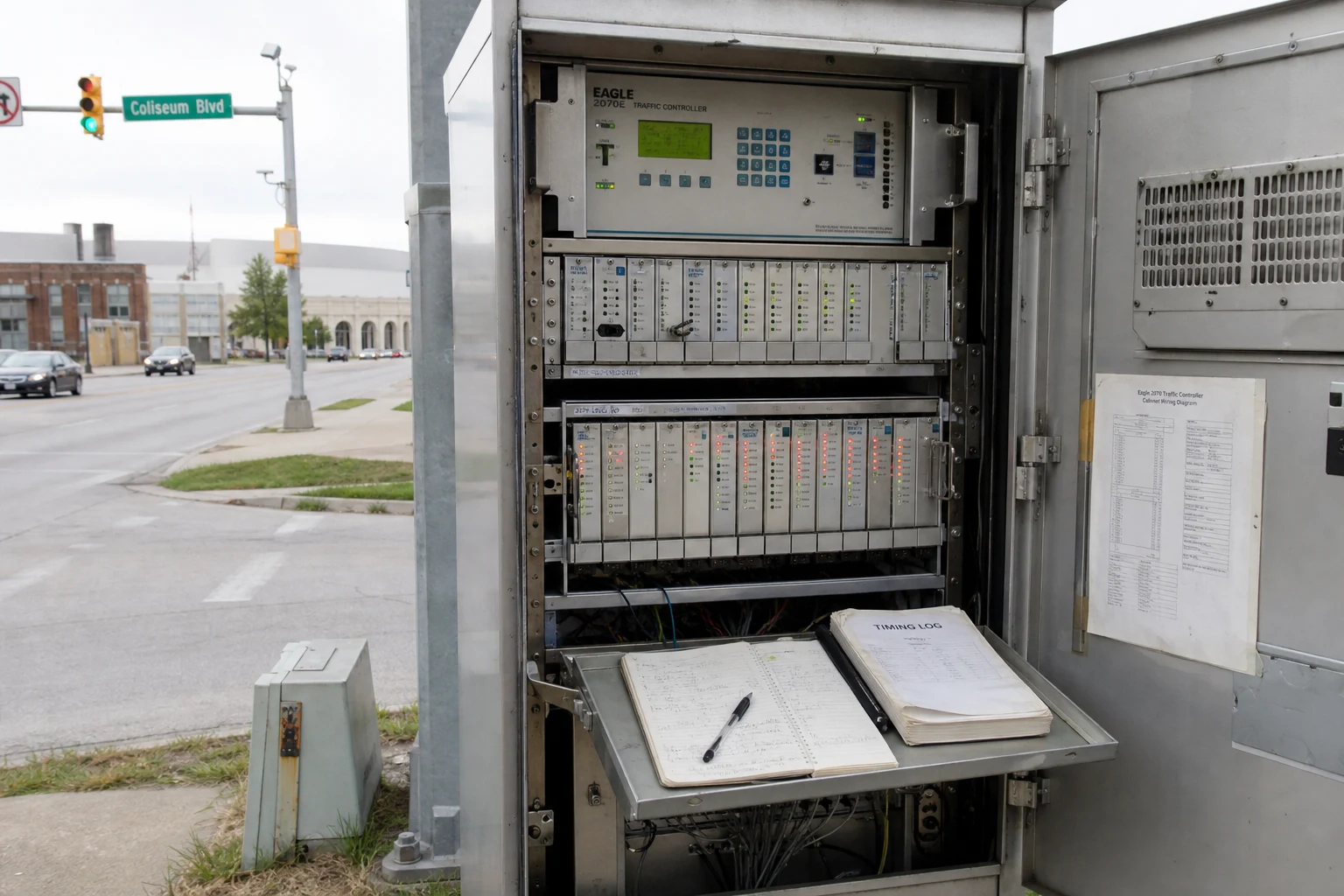 Fort Wayne T-bone crash scene — signal controller cabinet