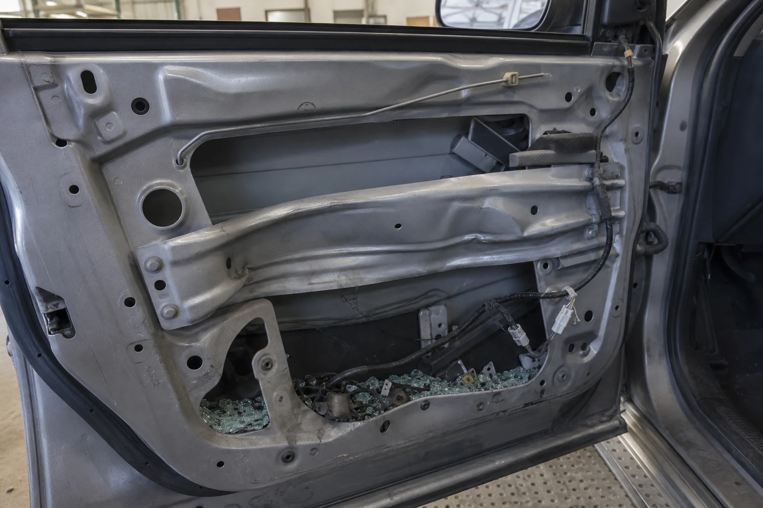 Fort Wayne T-bone crash scene — door beam deformation