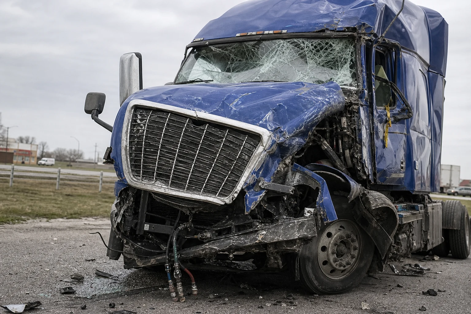 Fort Wayne truck accident damage close-up — crumpled semi-truck cab after a collision with a passenger car, windshield spider-cracked, chrome grille bent inward, brake-line air hose dangling, broken safety glass scattered on the asphalt
