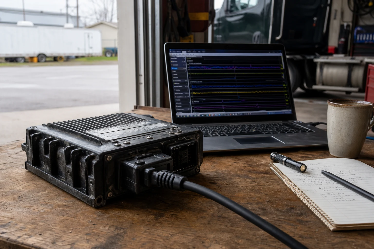 Semi-truck Engine Control Module black box recovered from a Fort Wayne 18-wheeler collision, on a workbench beside a laptop showing diagnostic data — the digital evidence a Fort Wayne truck accident lawyer subpoenas in every commercial vehicle case