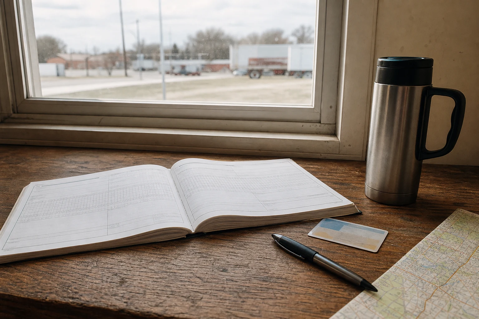 FMCSA hours-of-service driver log book open on a desk next to a CDL license, a thermos, and a Fort Wayne road map — the federal trucking records an Indiana semi-truck crash attorney pulls in every case
