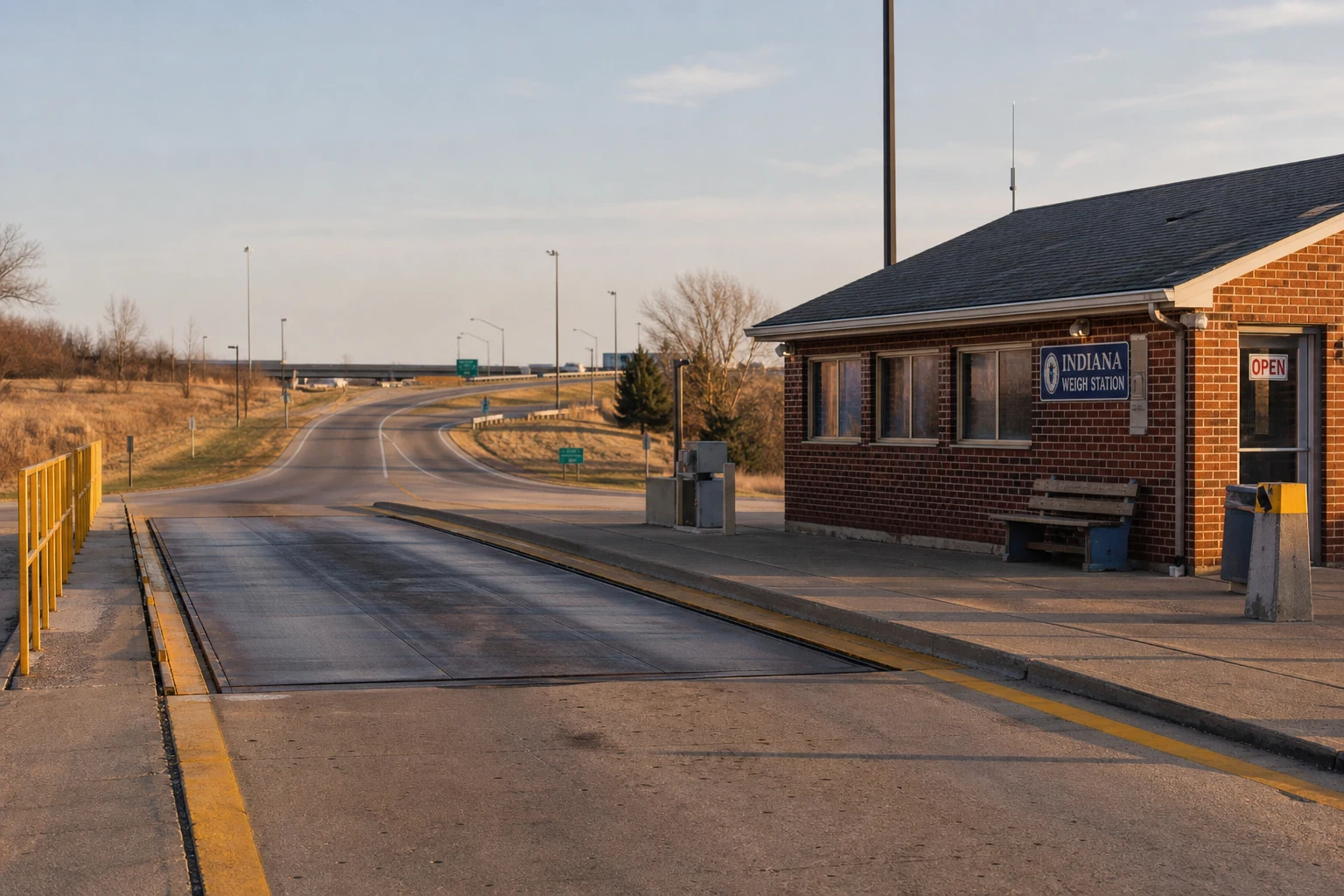 Empty Indiana state truck weigh-station scale platform at golden hour beside a two-lane on-ramp — part of the federal commercial-vehicle inspection chain that a Fort Wayne FMCSA case attorney subpoenas
