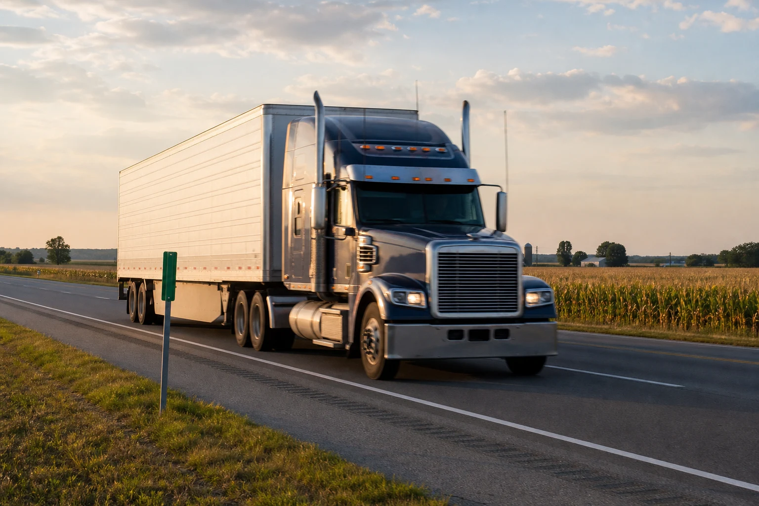 Long-haul semi-truck on a divided Indiana highway near Fort Wayne at golden hour with mile-marker visible and late-summer cornfields stretching to the horizon — the I-69 / US-30 / US-24 corridor where most Allen County truck wrecks happen