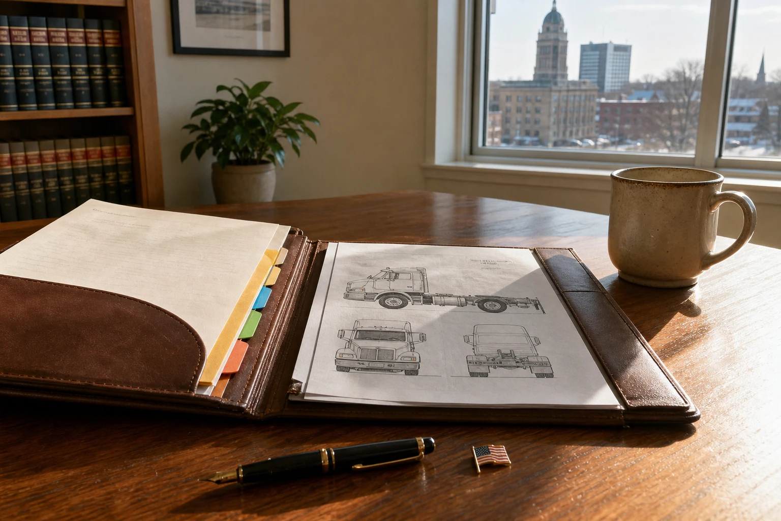 At a Fort Wayne truck accident attorney's wooden desk — an open case-file portfolio for an Allen County semi-truck crash claim, a printed truck-cab diagram, a fountain pen, a coffee mug, and a small American flag pin