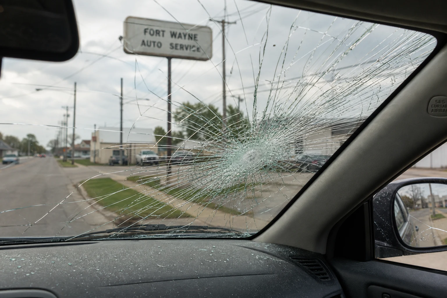 Spider-cracked passenger-side windshield on a sedan after a Fort Wayne rideshare collision — the kind of physical evidence a Fort Wayne Uber and Lyft accident attorney photographs in the first 48 hours to corroborate the digital app-status logs