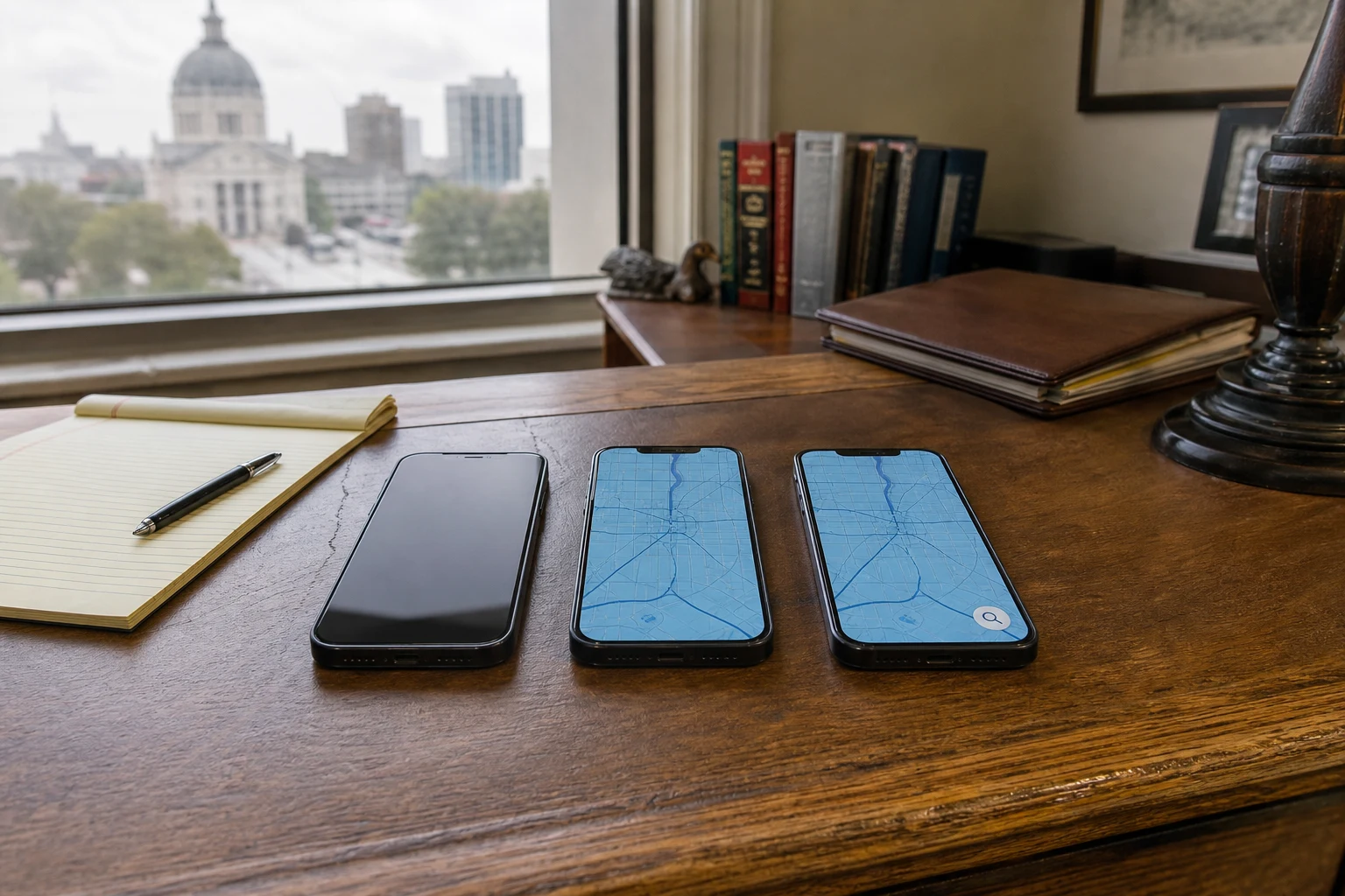 Three smartphones laid out side by side on a Fort Wayne attorney desk showing the three rideshare app-status phases — the visual evidence framework a Fort Wayne Uber and Lyft accident lawyer uses in every case to establish which coverage tier applies