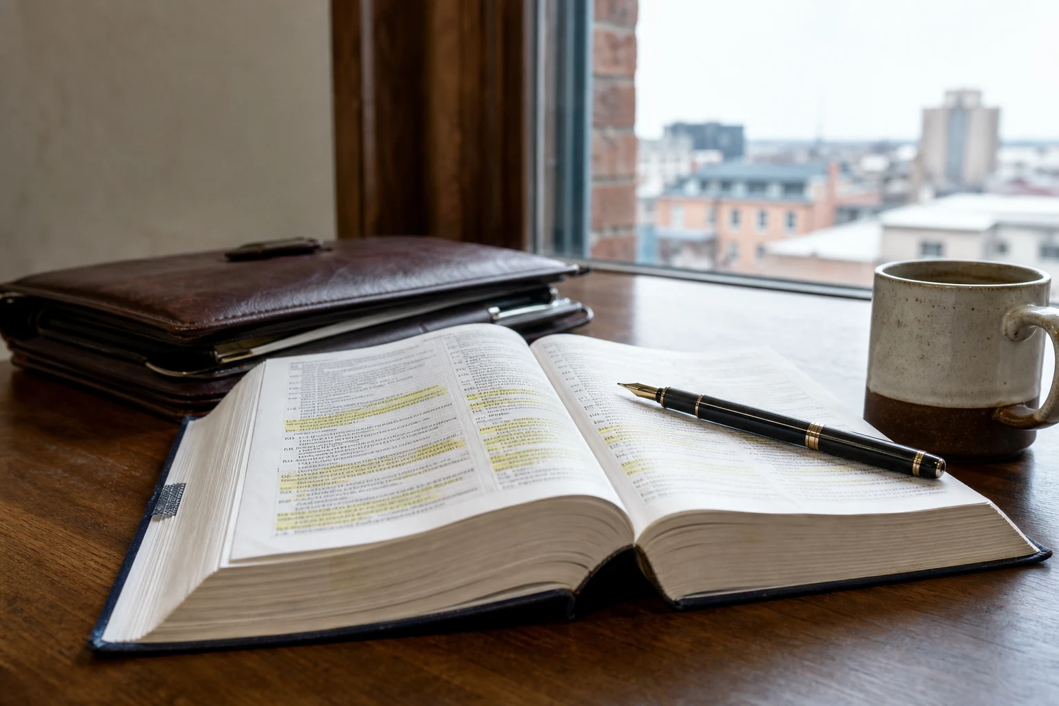 Open Indiana Code statute book on a wooden desk with a yellow highlighter and fountain pen across the page — Indiana Code 8-2.1-19.1, the Transportation Network Company statute every Fort Wayne Uber and Lyft accident attorney litigates under