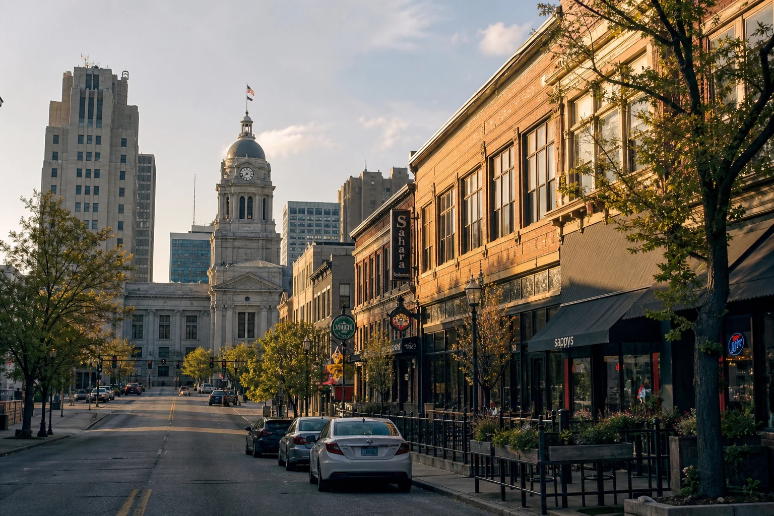 Downtown Fort Wayne corridor at golden hour near Calhoun Street with brick storefronts and the Allen County Courthouse clock tower — the corridor where most rideshare crashes happen and where every Fort Wayne Uber and Lyft accident case begins
