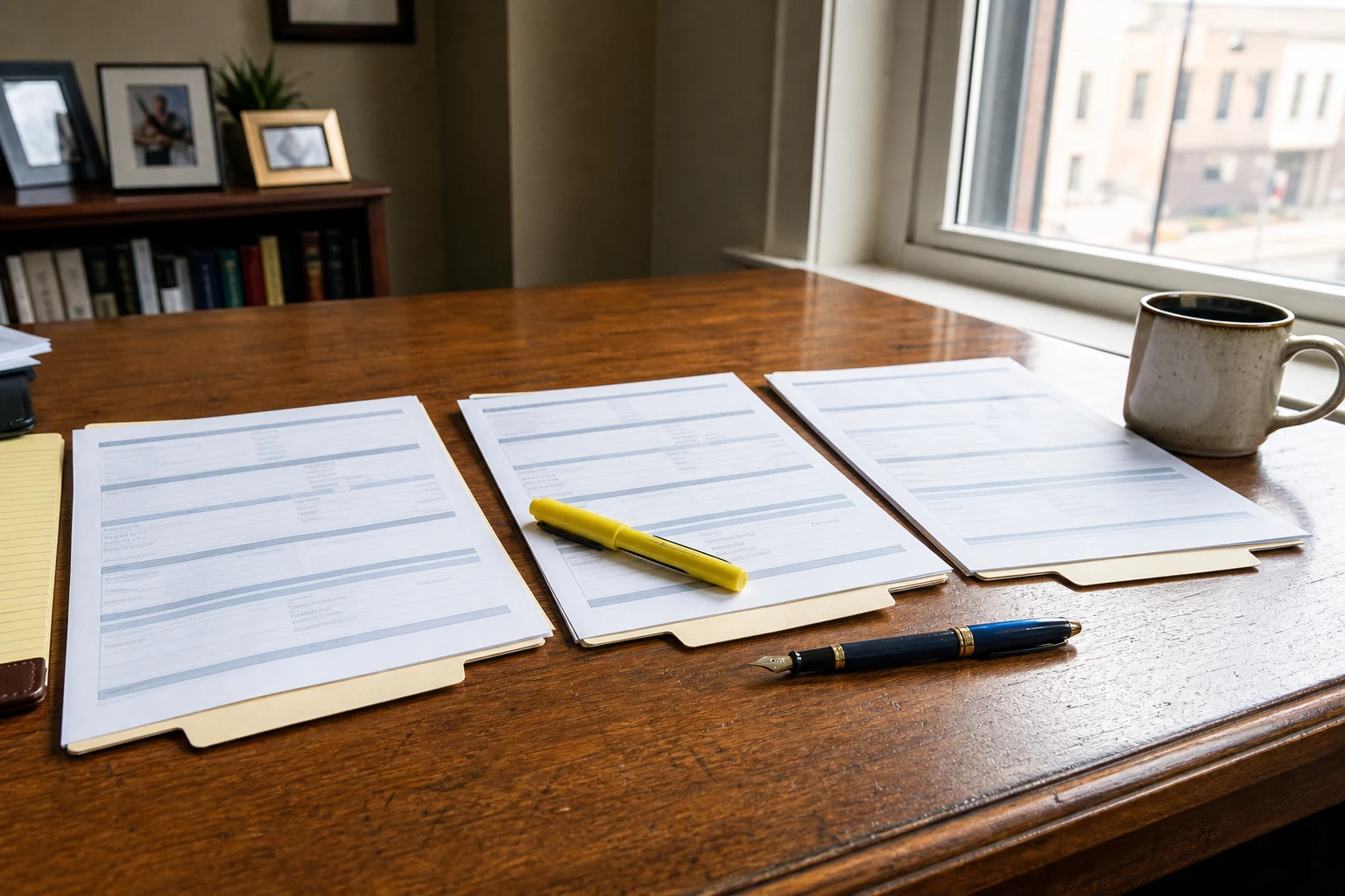 Three insurance-policy declaration pages stacked side by side on a Fort Wayne attorney desk — the three-tier coverage stack a Fort Wayne Uber and Lyft accident lawyer audits in every case to find every layer that pays the claim