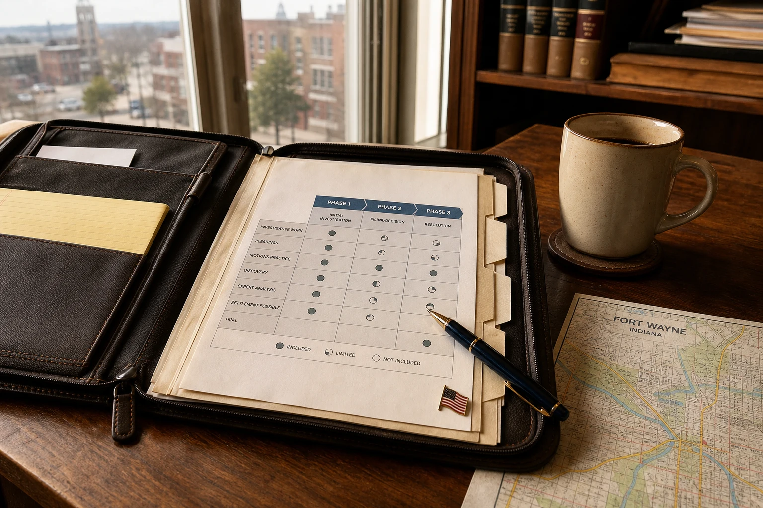 At a Fort Wayne Uber and Lyft accident attorney desk — an open leather case-file portfolio with a printed three-app-phase coverage-comparison chart, a fountain pen, a Fort Wayne street map corner, and a small American flag pin. We read every page of every rideshare file we open.