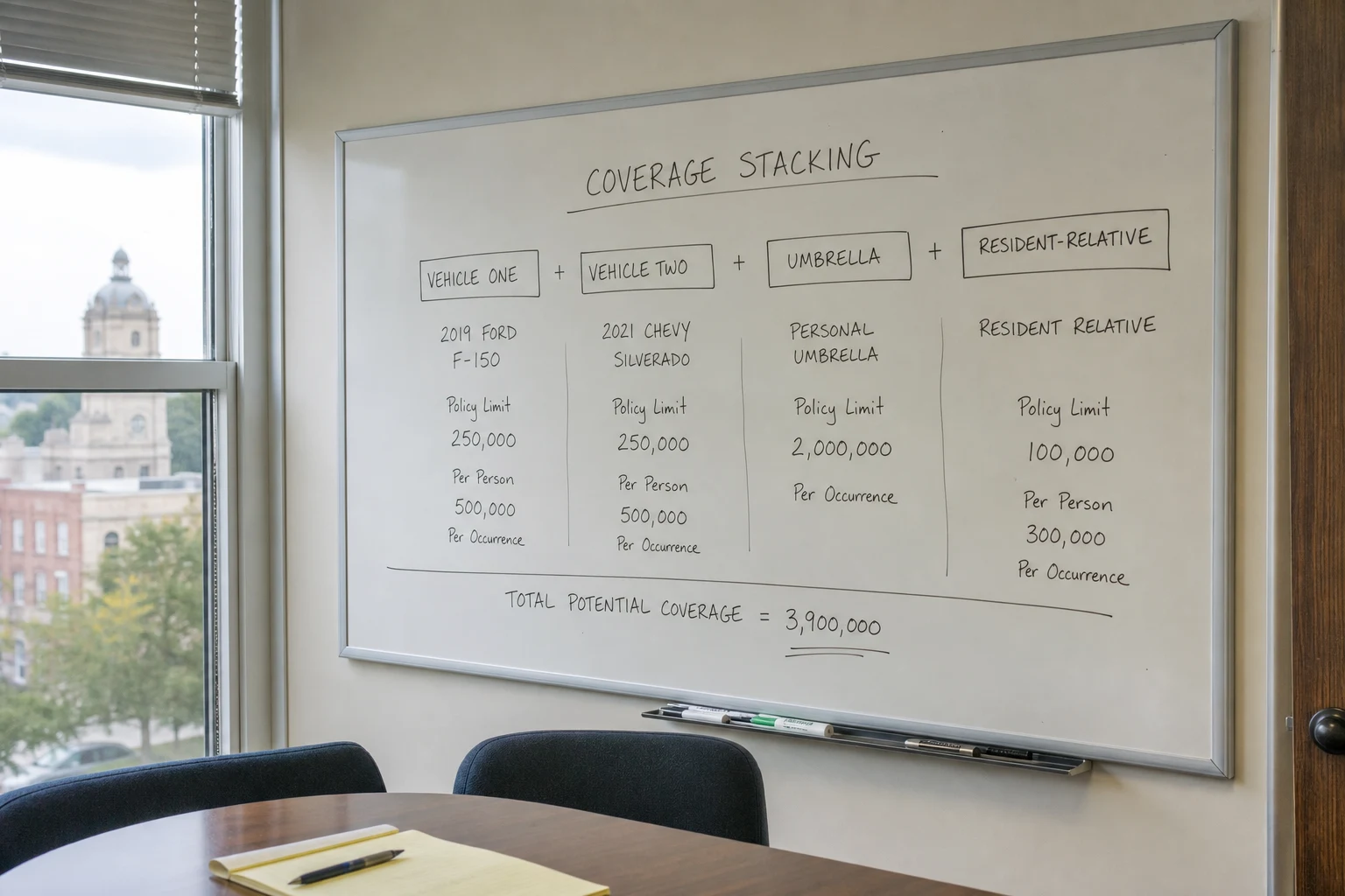 Fort Wayne UM/UIM claim scene — stacking analysis board