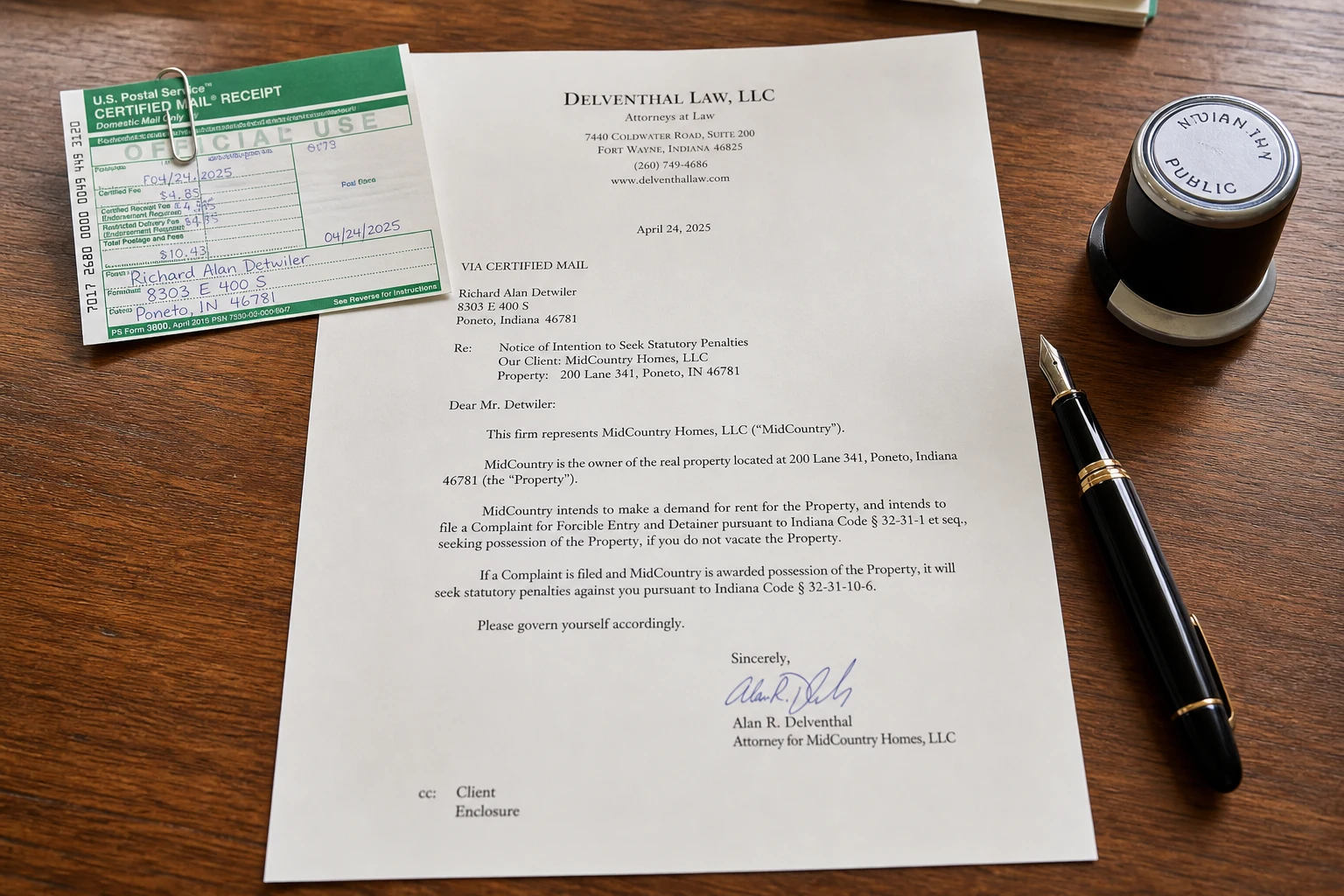 Fort Wayne UM/UIM claim scene — tender letter desk