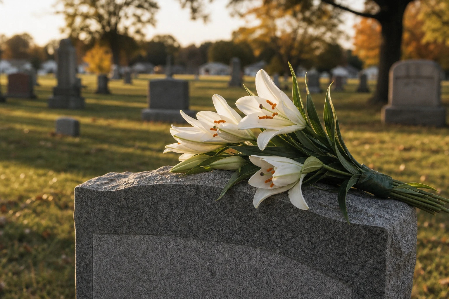 Single bouquet of fresh white lilies resting on a granite headstone in a Fort Wayne cemetery at golden hour — the loss behind every Indiana wrongful death claim our Fort Wayne wrongful death attorneys pursue