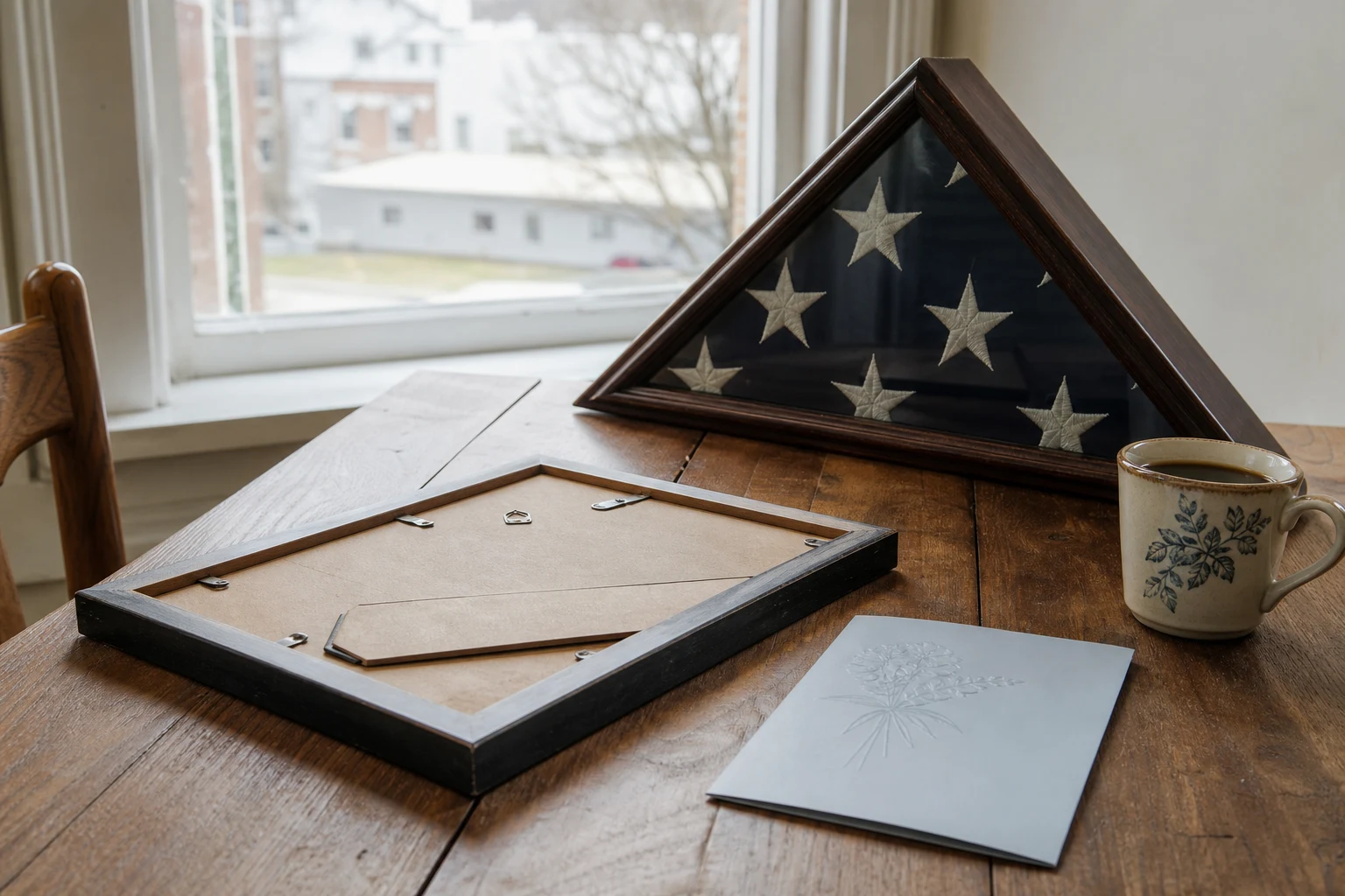 Empty wooden picture frame face-down on a kitchen table next to a folded American flag in a triangular display case, a coffee cup, an unopened sympathy card — the home a Fort Wayne wrongful death lawyer steps into when they're hired