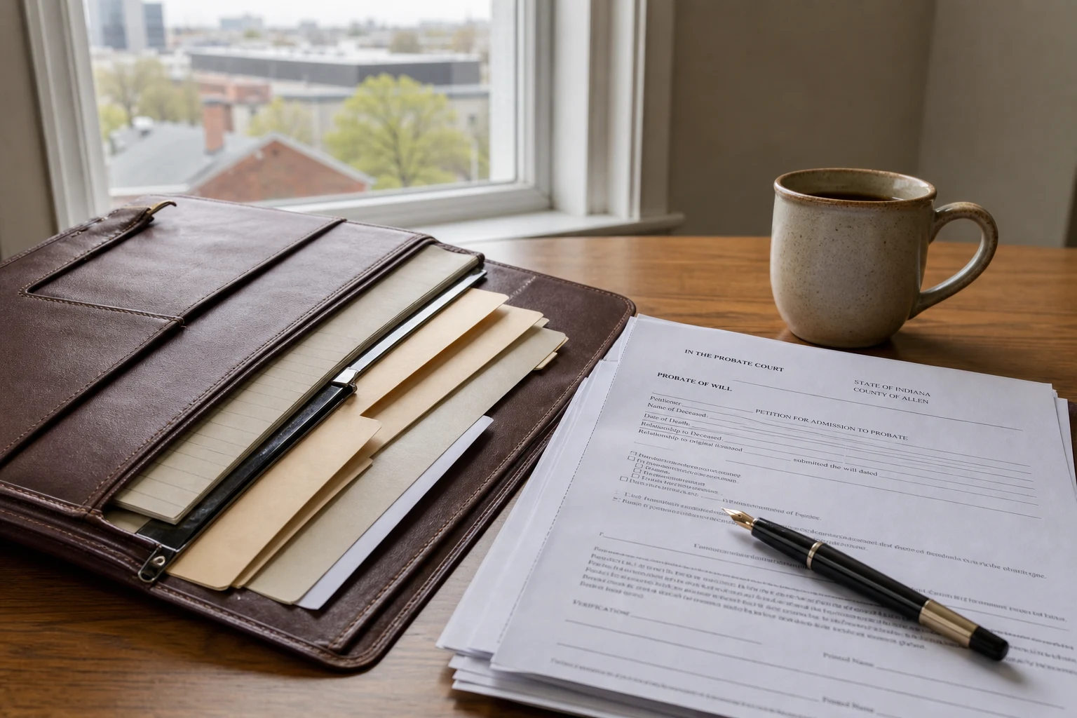 Open leather estate-administration folder on a wooden desk with a labeled tab divider, an Indiana probate-form stack, a fountain pen, a ceramic coffee mug — the procedural backbone a Fort Wayne wrongful death attorney runs in every case