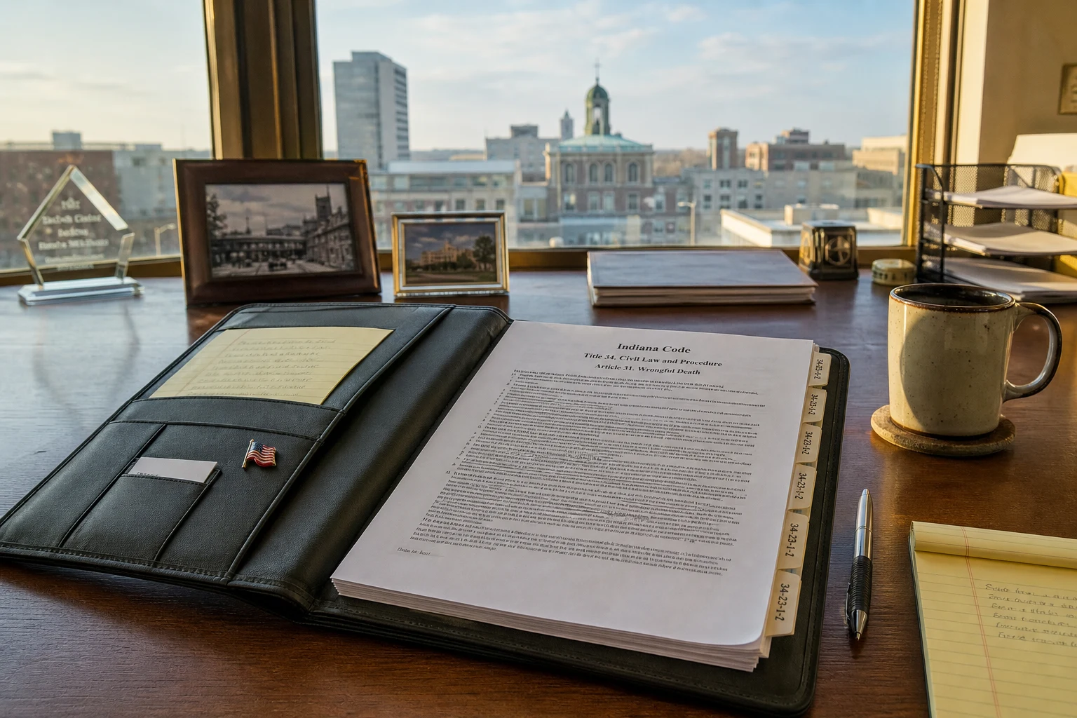 At a Fort Wayne wrongful death attorney's wooden desk — an open case-file portfolio with a printed Indiana statute reference, a small American flag pin, a coffee mug, late-afternoon golden-hour window light