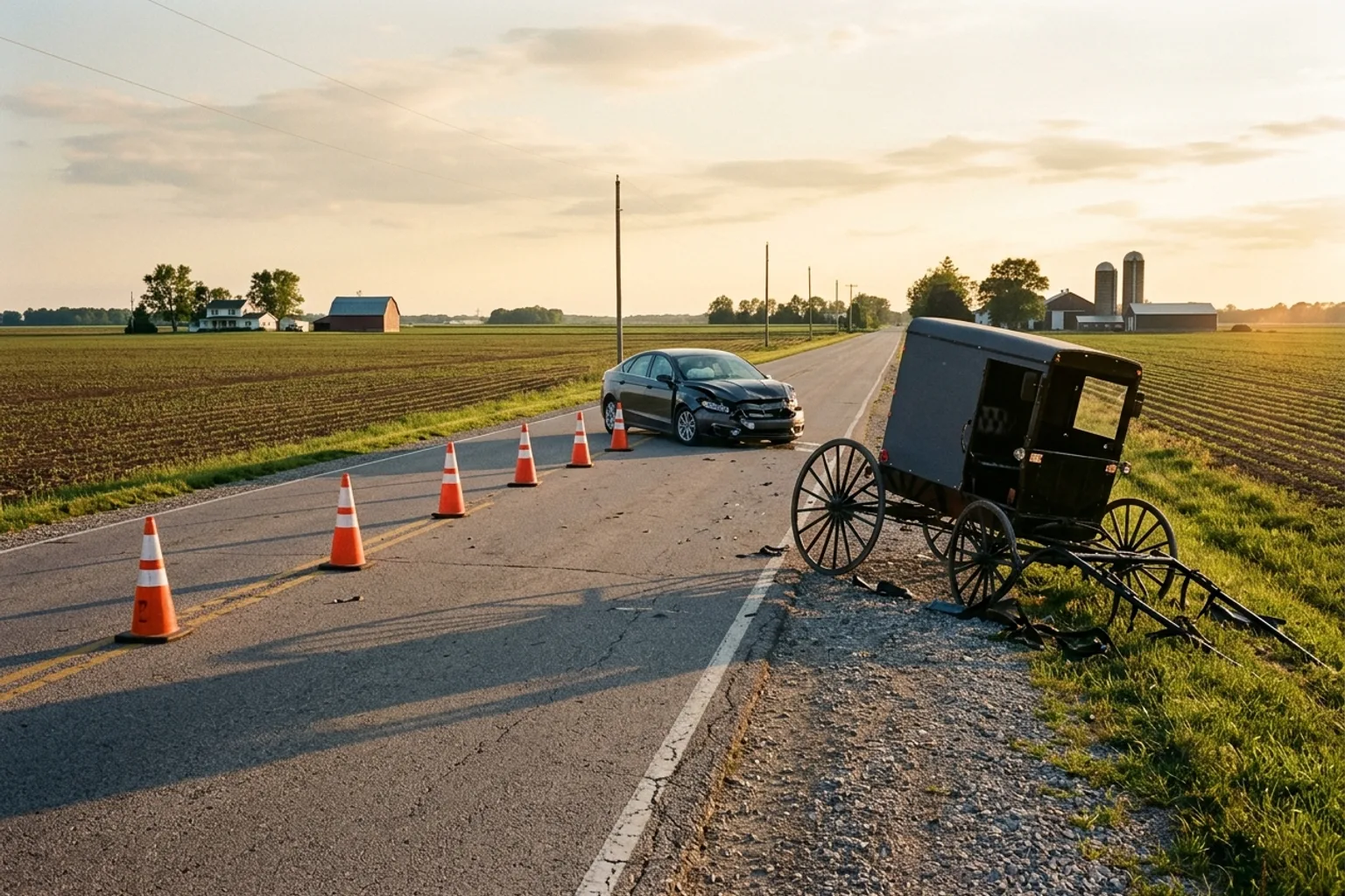 Vista amplia de una carretera rural del noreste de Indiana donde un automóvil chocó contra un carruaje tirado por caballos, con el lugar del choque marcado junto al arcén