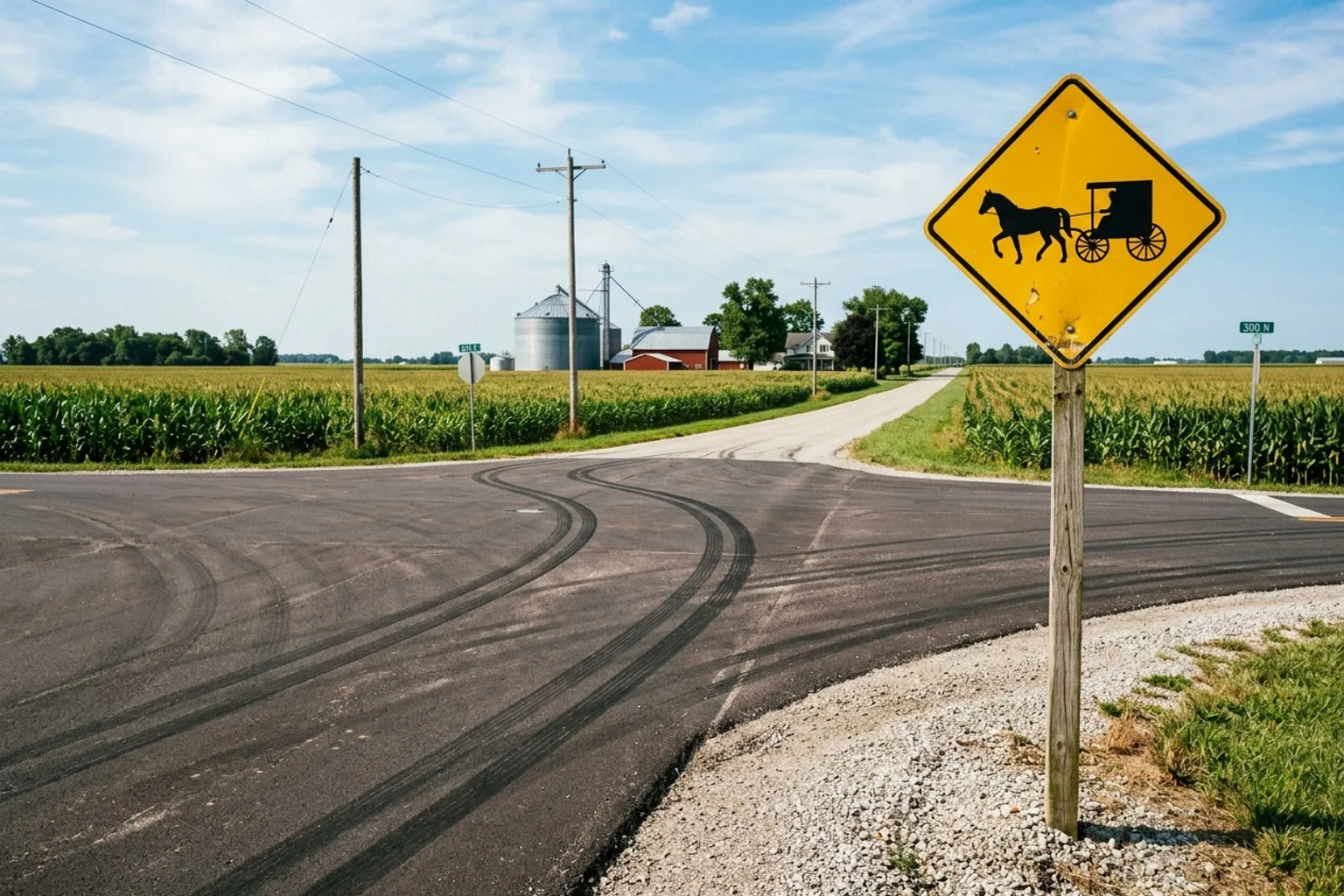 Señal amarilla de advertencia de caballos y carruajes en una intersección rural de una zona Amish del noreste de Indiana