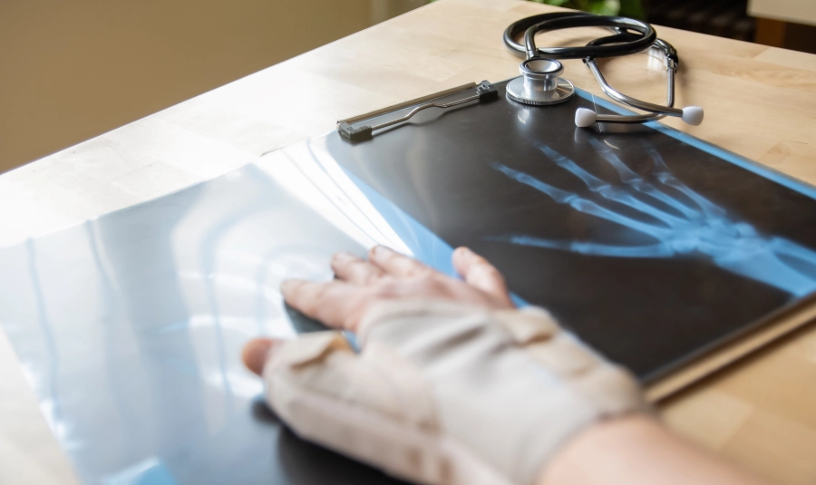 A person's hand wrapped in a brace lays on a hand x-ray.