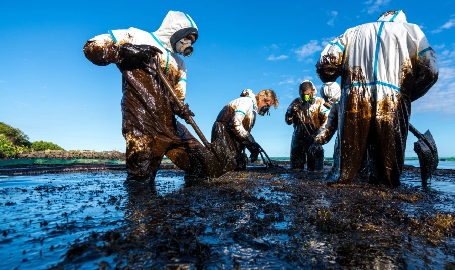 A crew of people in safety suits stand knee-deep in contaminated water as the work to clean it up.
