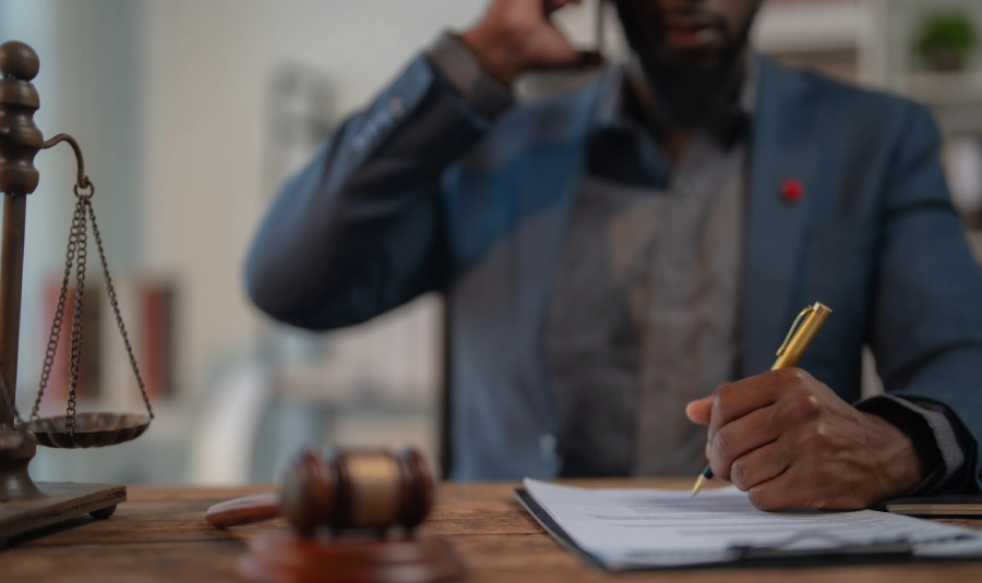 A man fills out a form on a desk that has a gavel and scale placed on it.