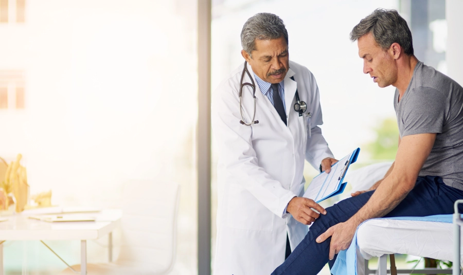A man holds his knee sitting on a hospital bed as a doctor attends to him.