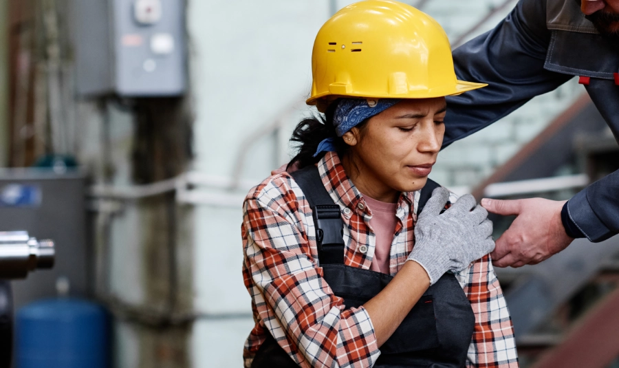 A woman worker in a hard hat holds her shoulder as a man attends to her.