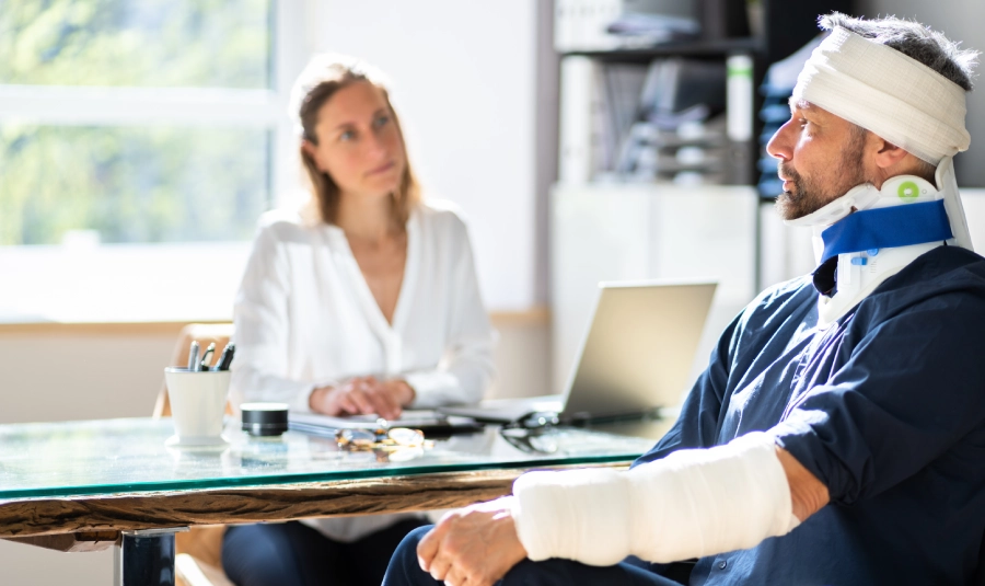 A heavily bandaged man sits with a doctor